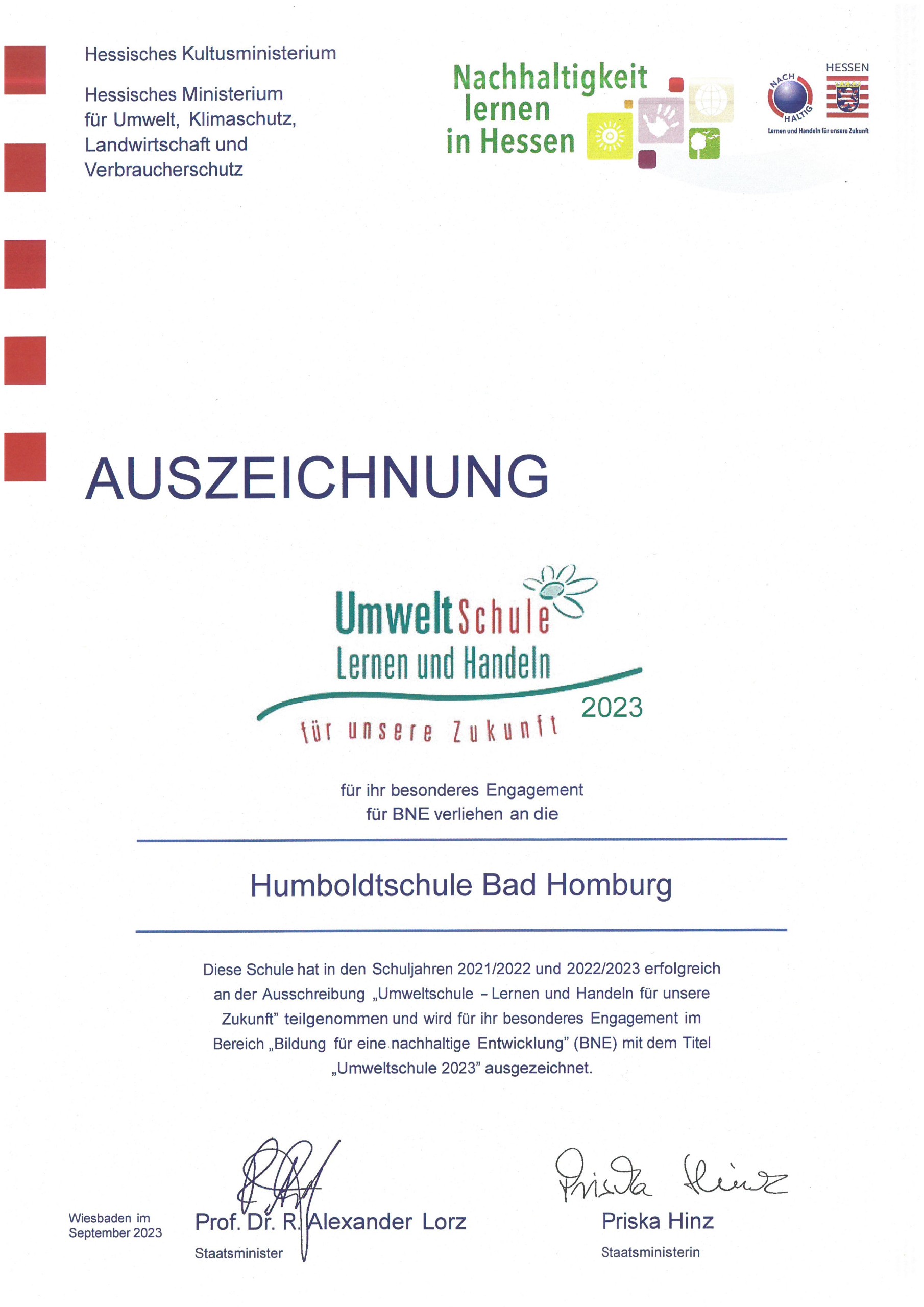 Urkunde "Umweltschule" 2017